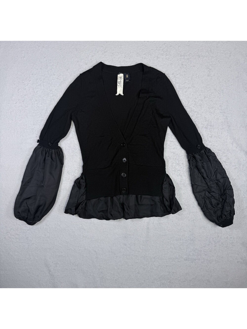Bird by Juicy Couture Cardigan M Black Satin Peplum Bell Sleeve Y2K